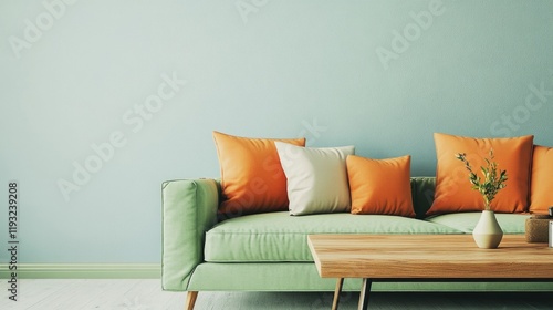 Modern Living Room Scene with Green Couch, Orange Throw Pillows, and Light Blue Wall photo