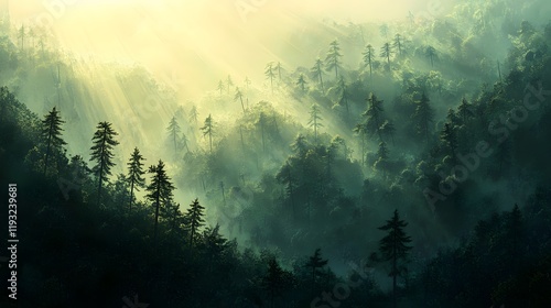 Wallpaper Mural Sunbeams Illuminate a Misty Mountain Forest Torontodigital.ca