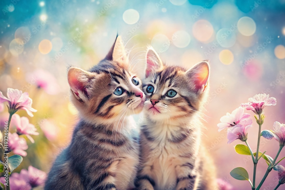 Obraz premium Adorable Kittens Grooming Each Other: Double Exposure Photo of Feline Friendship