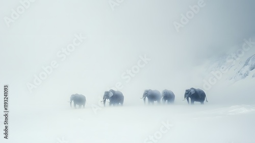 70. A scene of a group of mammoths trudging through deep snow, with a bright white background completing the wintery scene photo