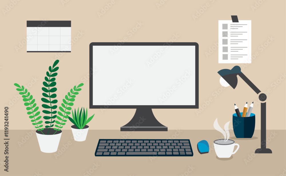A tidy workspace with a monitor, plants, and tools for organization, radiating simplicity and productivity. A tidy workspace with a monitor, plants, and tools for organization, radiating simplicity and productivity.