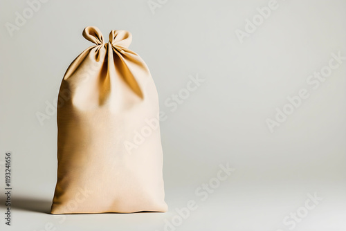 Simple Neutral Fabric Bag with Tied Top Against Minimalist Background