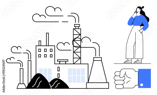 Smoke-emitting factory, woman pondering, oversized hand gesture, blue accents. Ideal for industry, environmental impact, contemplation, human action, decision-making modern workforce innovation