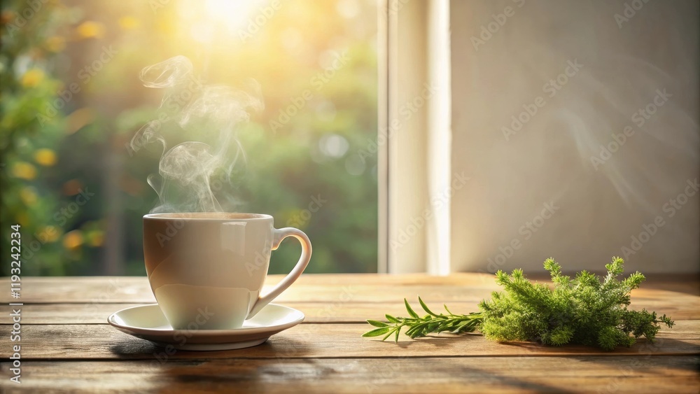 A steaming cup of tea sits on a rustic wooden table, bathed in warm sunlight near a window. A steaming cup of tea sits on a rustic wooden table, bathed in warm sunlight near a window.