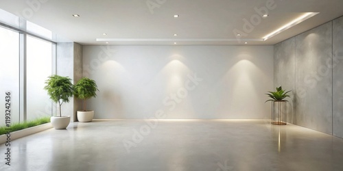 Modern minimalist interior design spacious room with polished concrete floor  large window  and potted plants