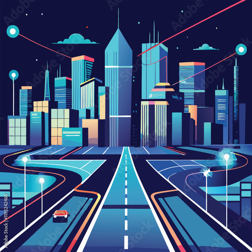 AI-Generated futuristic cityscape with glowing data lines representing network analytics, roads, and urban planning innovations.
