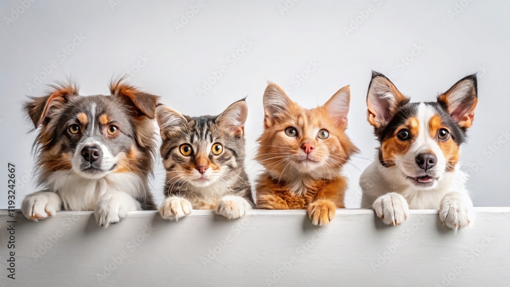 Adorable Pets Peeking: Cute Cats & Dogs Hanging Paws Over White Banner - Stock Photo
