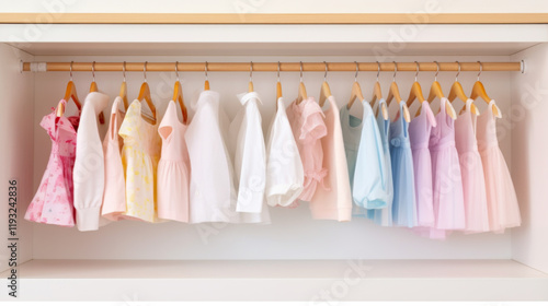 Children pastel dresses and shirts on hangers in open closet background