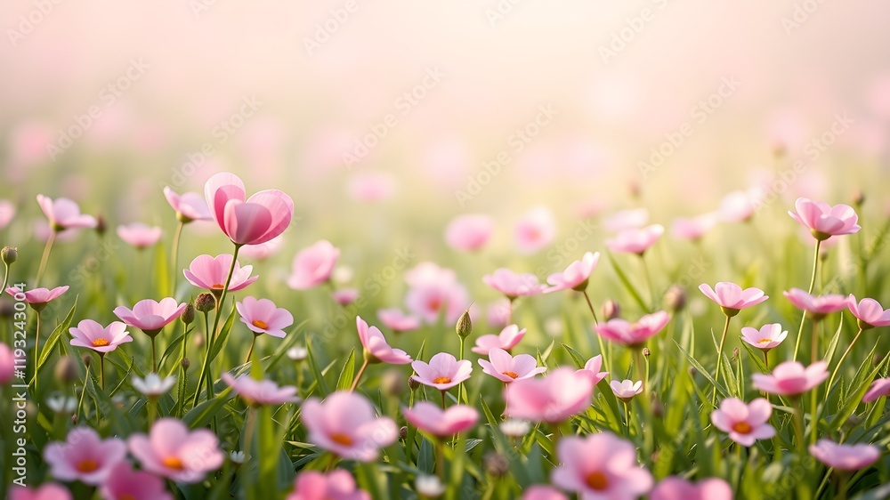 Pastel meadow with heart-shaped flower blooms background Pastel meadow with heart-shaped flower blooms background