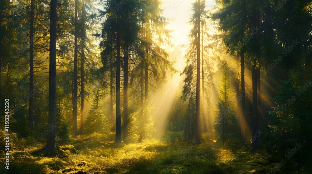 Naklejka premium Sunbeams Illuminate Misty Forest Trees