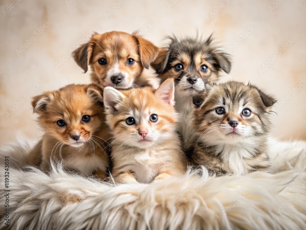 Obraz premium Adorable Puppies and Kitten Posing Together - Minimalist Pet Photography