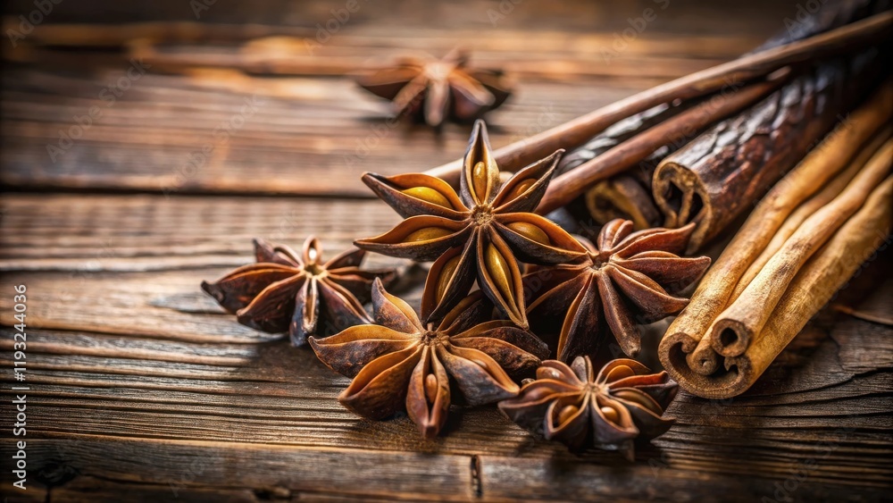 Aromatic Star Anise and Cinnamon Sticks on Rustic Wooden Surface Aromatic Star Anise and Cinnamon Sticks on Rustic Wooden Surface