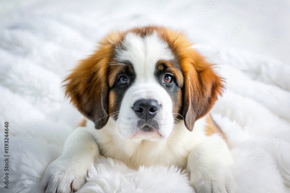 Adorable Saint Bernard Puppy on White Background - Drone Aerial View Adorable Saint Bernard Puppy on White Background - Drone Aerial View