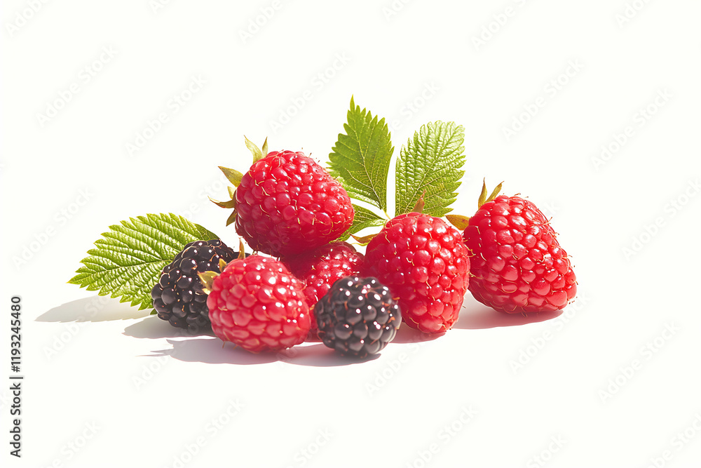 Fresh Red Raspberries with Green Leaves and Blackberries on White Background Fresh Red Raspberries with Green Leaves and Blackberries on White Background