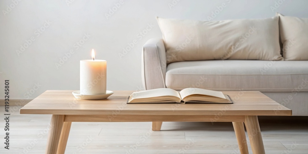 Fototapeta premium Serene living room setting with a lit candle and open book on a light wood coffee table
