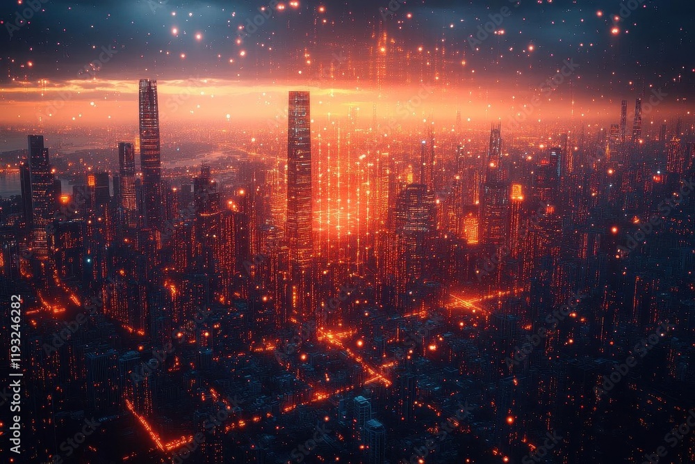 Fototapeta premium an intricate futuristic digital network connects illuminated skyscrapers in a sprawling urban landscape, showcasing technology's impact on modern city life with vibrant colors and abstract shapes