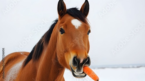 26. A horse eating a carrot, its ears twitching, with a stark white background