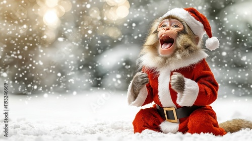 Merry Christmas Monkey! A joyful primate in a Santa suit enjoys a snowy winter wonderland.