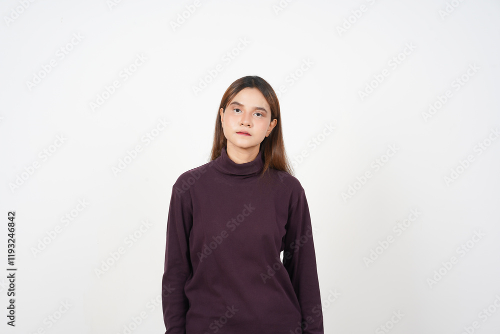 Looking at camera with serious natural face Of Beautiful Asian Woman Isolated On White Background Looking at camera with serious natural face Of Beautiful Asian Woman Isolated On White Background