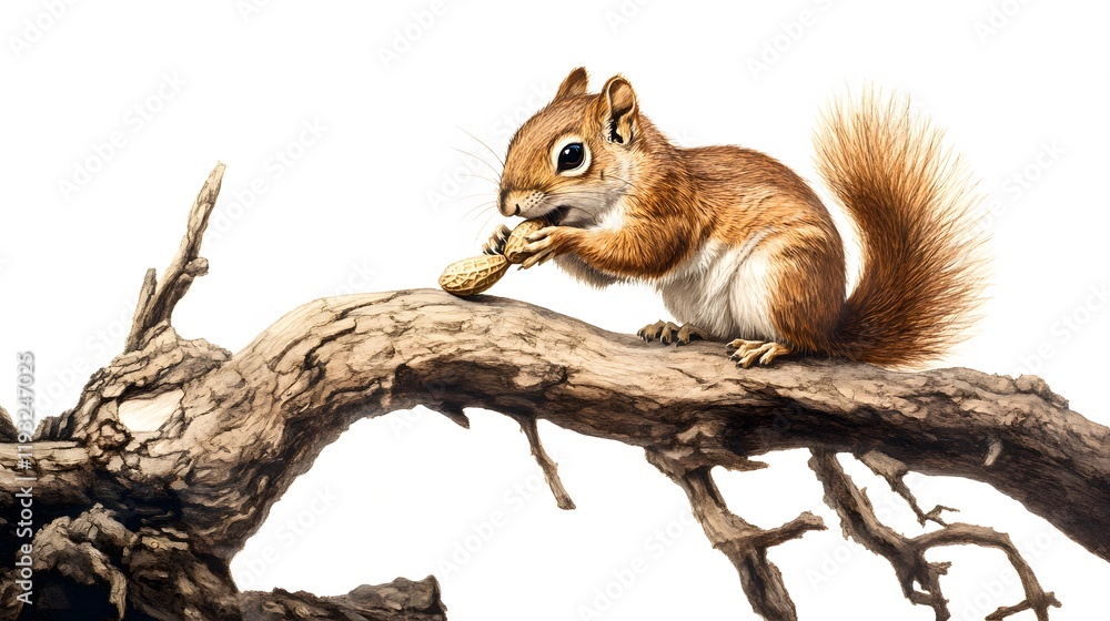 29. A squirrel eating a peanut, perched on a branch, with a white backdrop 29. A squirrel eating a peanut, perched on a branch, with a white backdrop