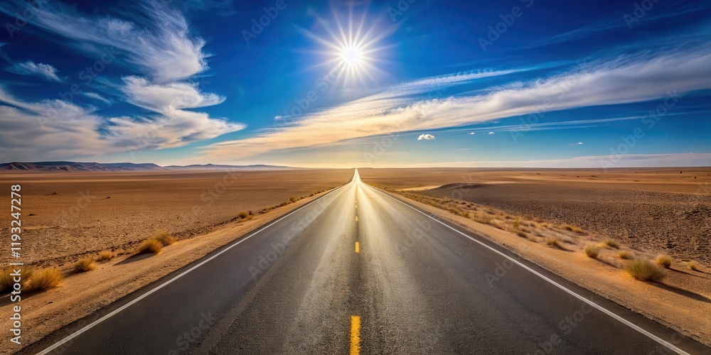 Fototapeta premium Asphalt ribbon stretches towards a brilliant sun, a journey across a vast, arid landscape under a brilliant, cloud-streaked sky.