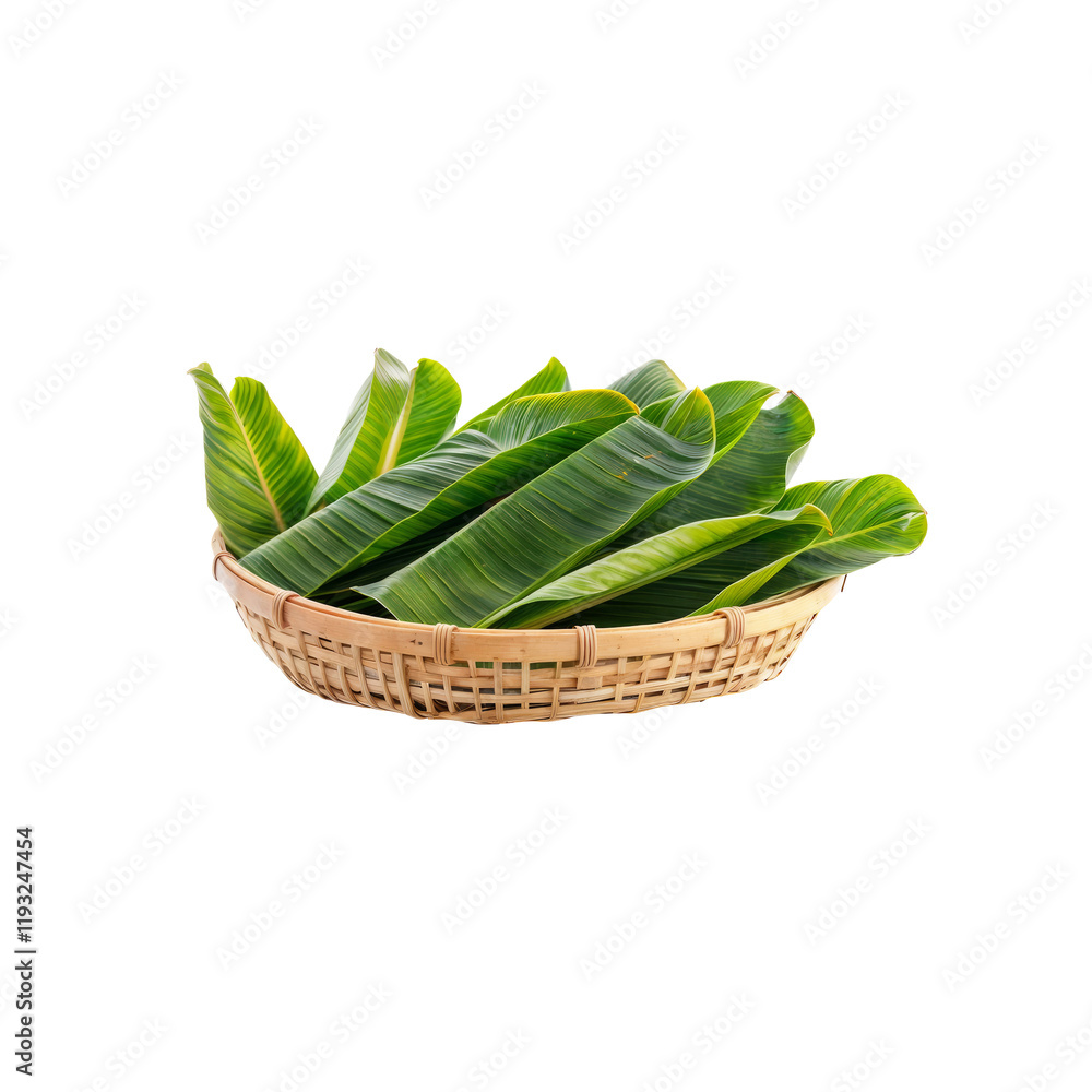 Fresh Banana Leaves in Basket: A collection of vibrant green banana leaves arranged neatly in a rustic woven basket, ready to be used in cooking or for decoration. Fresh Banana Leaves in Basket: A collection of vibrant green banana leaves arranged neatly in a rustic woven basket, ready to be used in cooking or for decoration.
