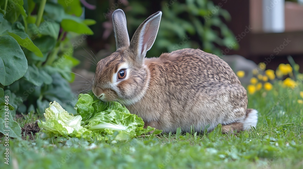 Fototapeta premium 35. A rabbit eating lettuce, sitting on the ground with a white background