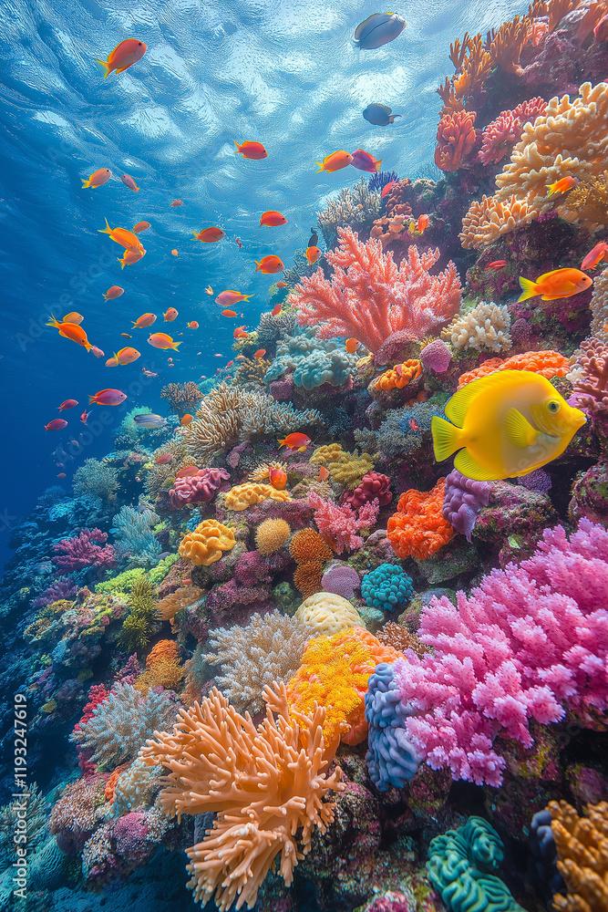 Obraz premium Récif corallien vibrant avec créatures marines exotiques et eau cristalline