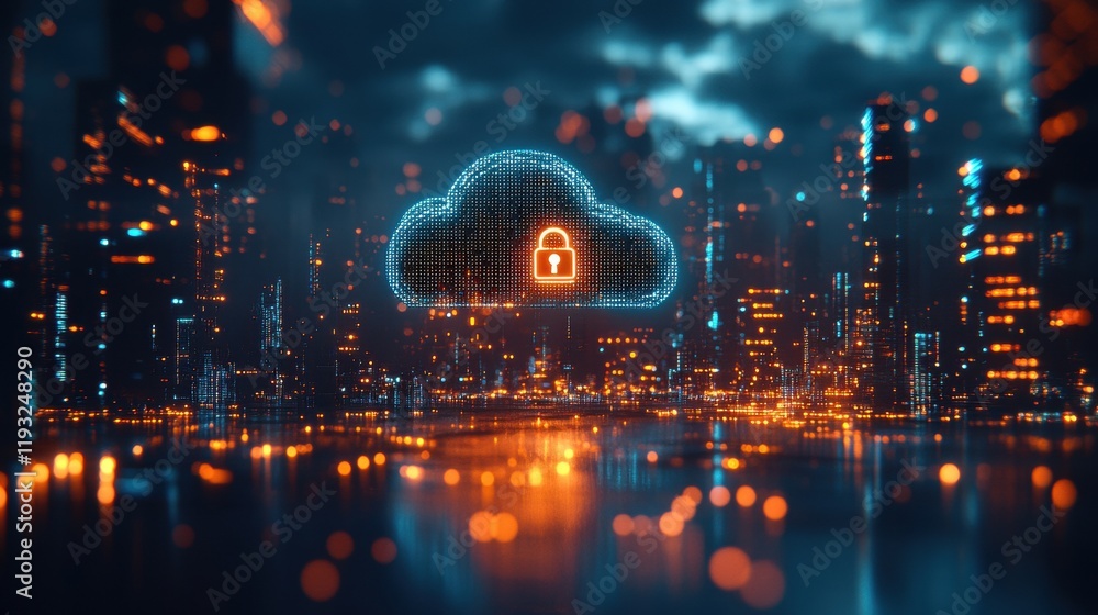 Fototapeta premium Cloud Security Concept with Digital Lock in Urban Environment