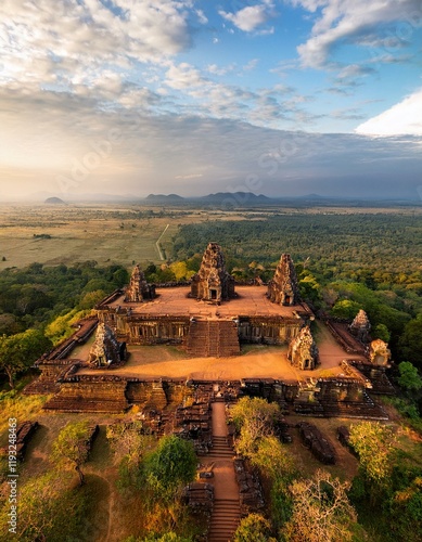 Wallpaper Mural Generated image Aerial perspective of Preah Vihear Temple atop a hill, overlooking a vast Cambodian plain Torontodigital.ca