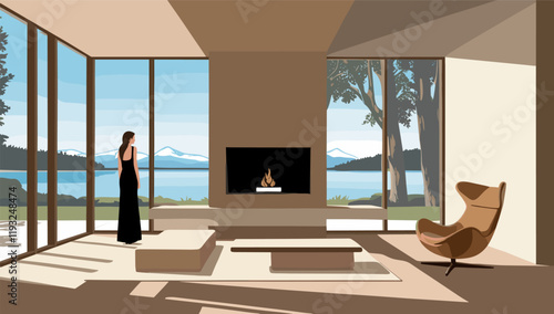 Modern minimalist living room interior with panoramic window, fireplace, armchair. Woman in long dress standing and looking to beautiful landscape behind the window. Flat vector illustration