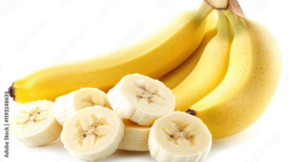 Fresh Bananas on White Background with Sliced Pieces Displayed Fresh Bananas on White Background with Sliced Pieces Displayed