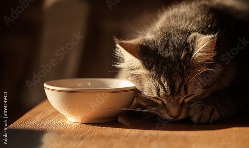 Serene Moments of a Sleeping Cat Resting by an Elegant Bowl in Warm Afternoon Light photo