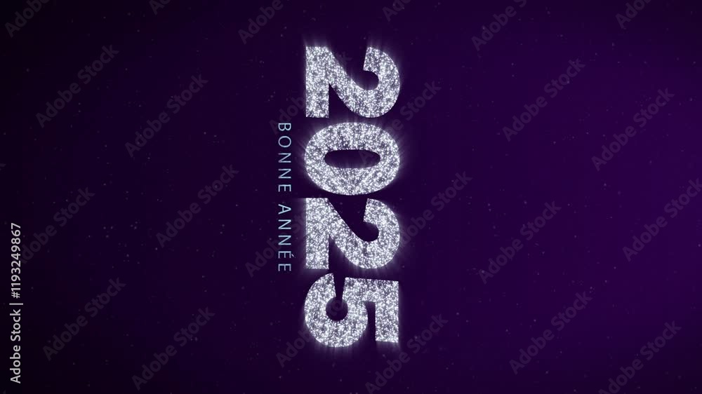 Bonne annee 2025. Happy New Year 2025 vertical silver text with colourful fireworks. French greeting. Silver animated letters and numbers on purple background. Bonne annee 2025. Happy New Year 2025 vertical silver text with colourful fireworks. French greeting. Silver animated letters and numbers on purple background.