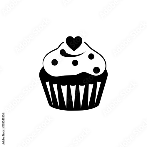 A stylized black cupcake with frosting, a heart, and polka dots, symbolizing sweetness and celebration.