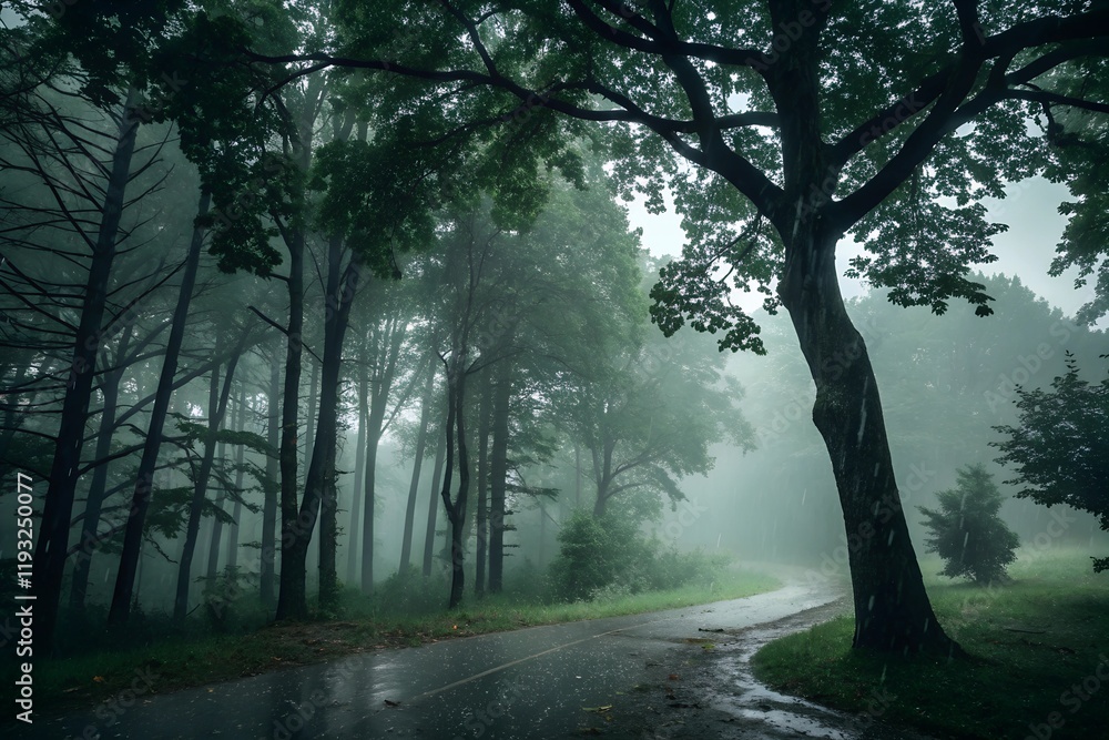 Misty Road Through a Lush Forest Misty Road Through a Lush Forest