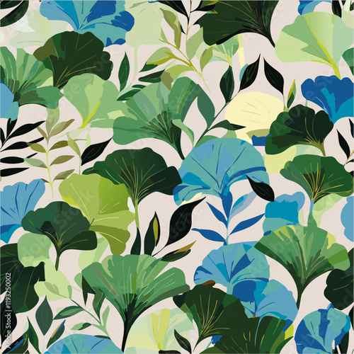 Fond en Feuillage Ginkgo et Feuilles de Bambou Couleur Vert et Bleu avec Nuances - Illustration Motif Floral Naturel