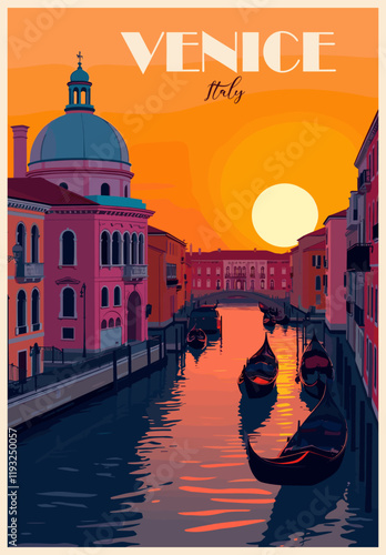 Venice, Italy Travel Destination Poster in retro style. Dramatic sunset cityscape digital print. European summer vacation, holidays concept. Vintage vector colorful illustration