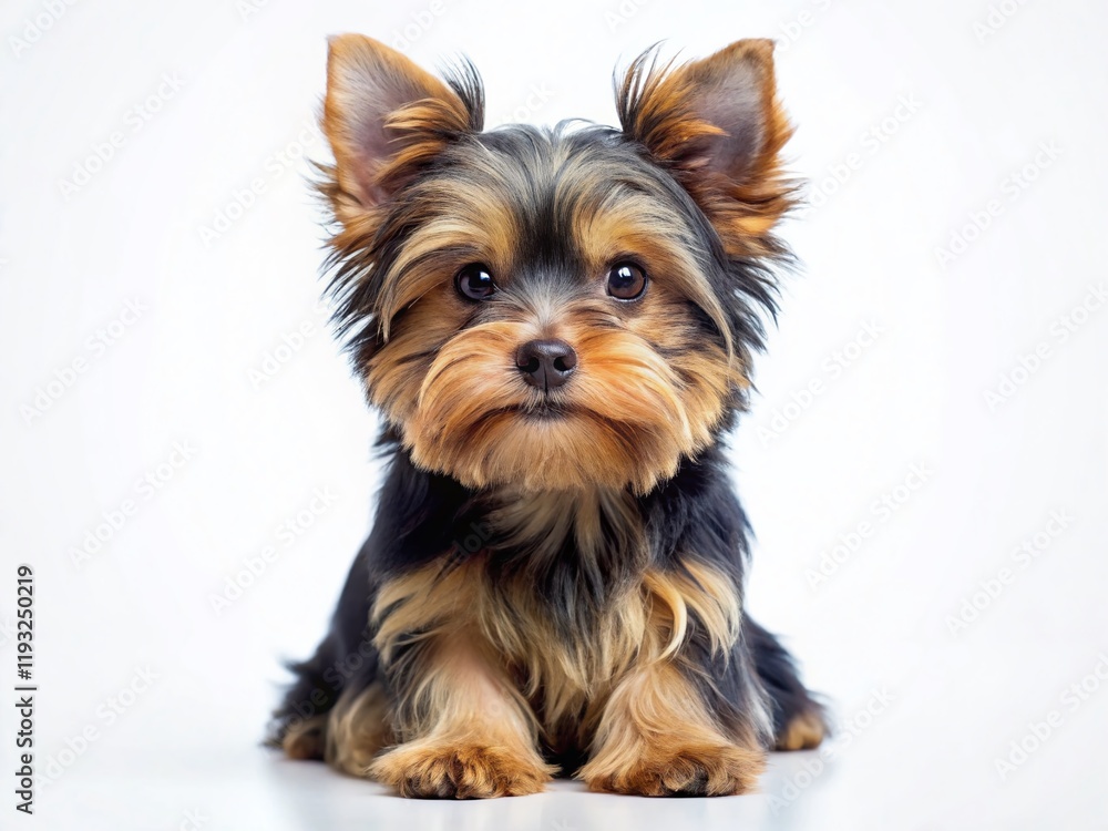 Adorable Yorkshire Terrier Puppy Sitting, White Background Stock Photo Adorable Yorkshire Terrier Puppy Sitting, White Background Stock Photo