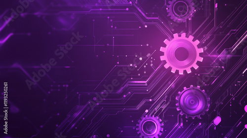 A close-up of a circuit board with gears overlaid, illuminated by purple light, symbolizing the integration of mechanical and digital technology.