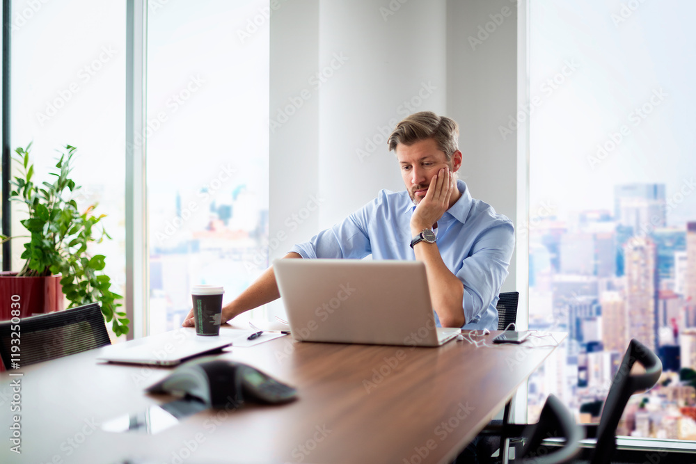 Executive businessman sitting in a modern office and working on his laptop Executive businessman sitting in a modern office and working on his laptop