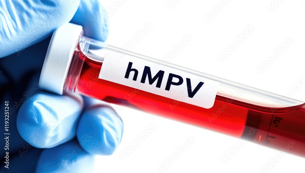 Obraz premium A hand in a blue glove holds a test tube labeled hMPV, containing blood. This is part of ongoing research on metapneumovirus in China during 2025