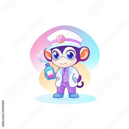 Playful cartoon monkey scientist in lab coat with potion whimsical environment colorful background digital illustration photo