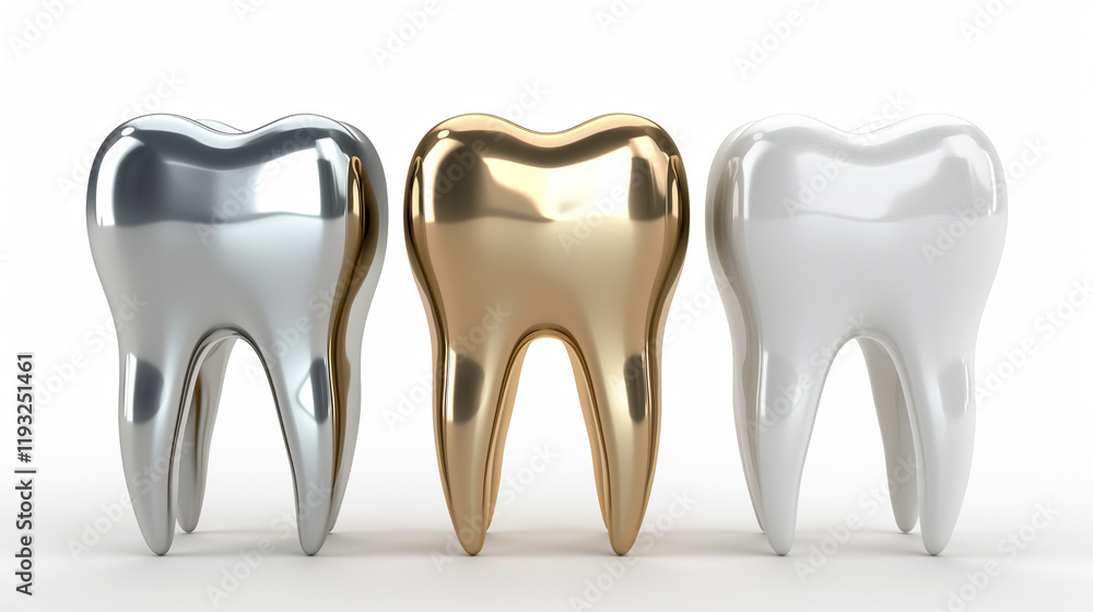 Shiny silver, golden and porcelain tooth isolated on a plain on white background Shiny silver, golden and porcelain tooth isolated on a plain on white background