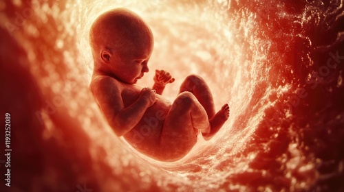 Little human baby inside mother womb. Small embryo inside uterus. Cute unborn child sleep belly. Origin beginning of life concept. Woman pregnancy Tiny innocent infant grow. Childbirth medical science