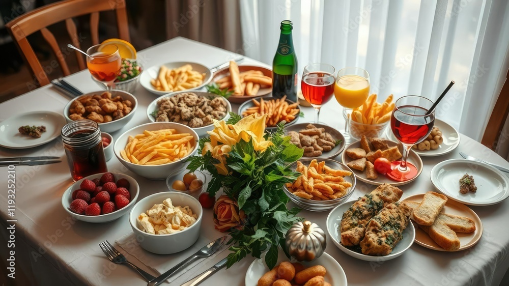 A table filled with delicious food and drinks on a special day, party, food A table filled with delicious food and drinks on a special day, party, food
