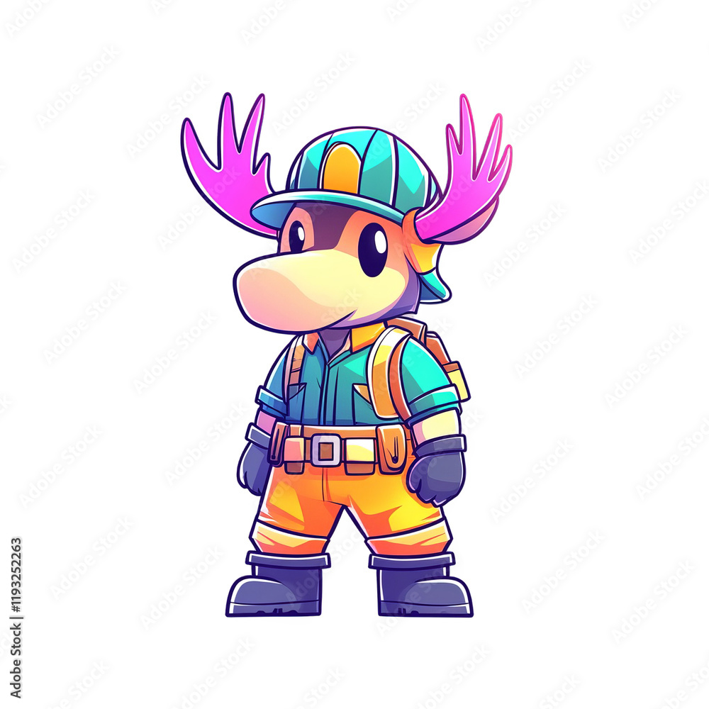 Obraz premium Adventurous cartoon moose character in vibrant outfit digital art playful design environment