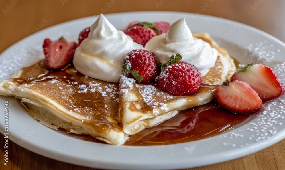 Delicious Pancakes Topped with Fresh Strawberries and Cream Served on a Bright Plate Delicious Pancakes Topped with Fresh Strawberries and Cream Served on a Bright Plate