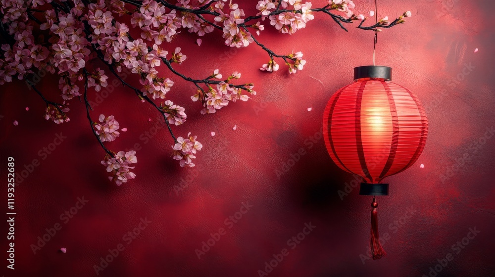 Obraz premium Red paper with red lantern, branch of cherry blossoms, symbolizing traditional Asian celebration