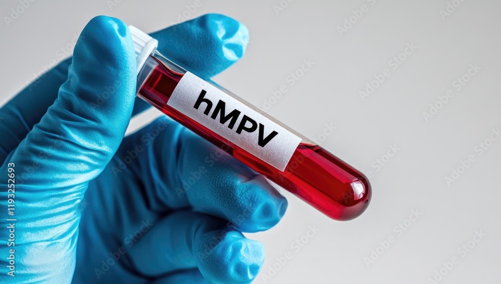 Obraz premium A hand in a blue glove holds a test tube labeled hMPV, containing blood. This is part of ongoing research on metapneumovirus in China during 2025